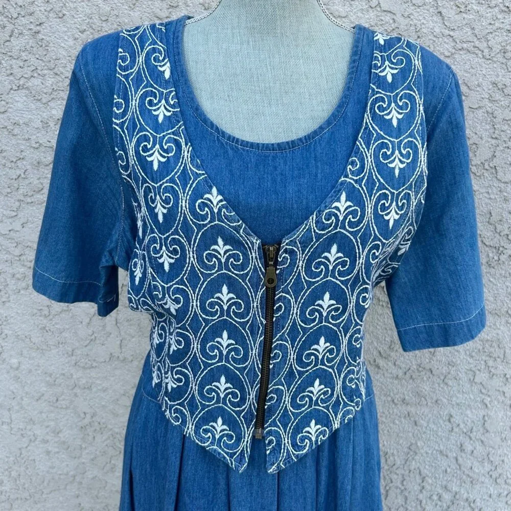 Vintage 90s Chambray Denim Prairie Dress with Vest and Tie Back - Size 16